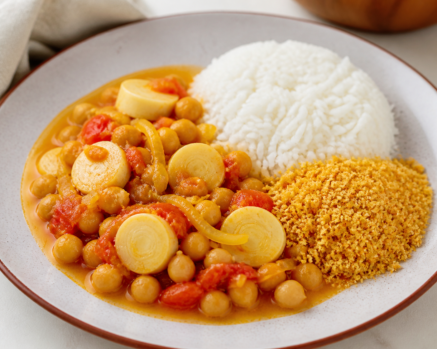 Mild Chickpea and Hearts of Palm Moqueca with Coconut Rice and Plantain Farofa