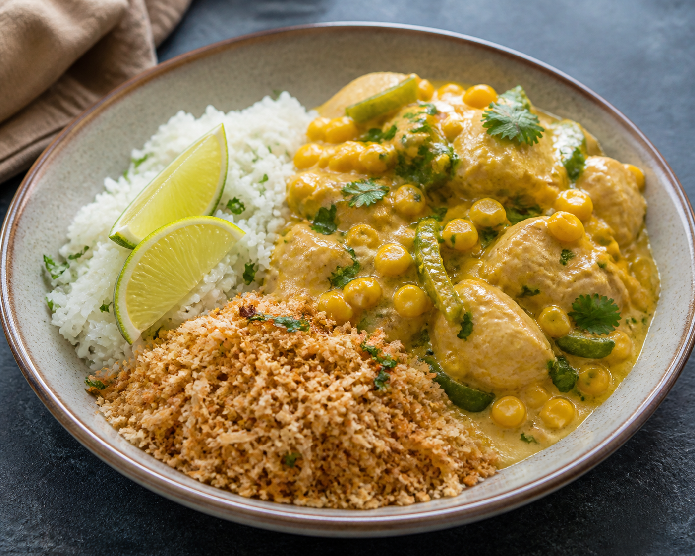 Light Chicken and Corn Moqueca with Lime Rice and Crispy Coconut Farofa