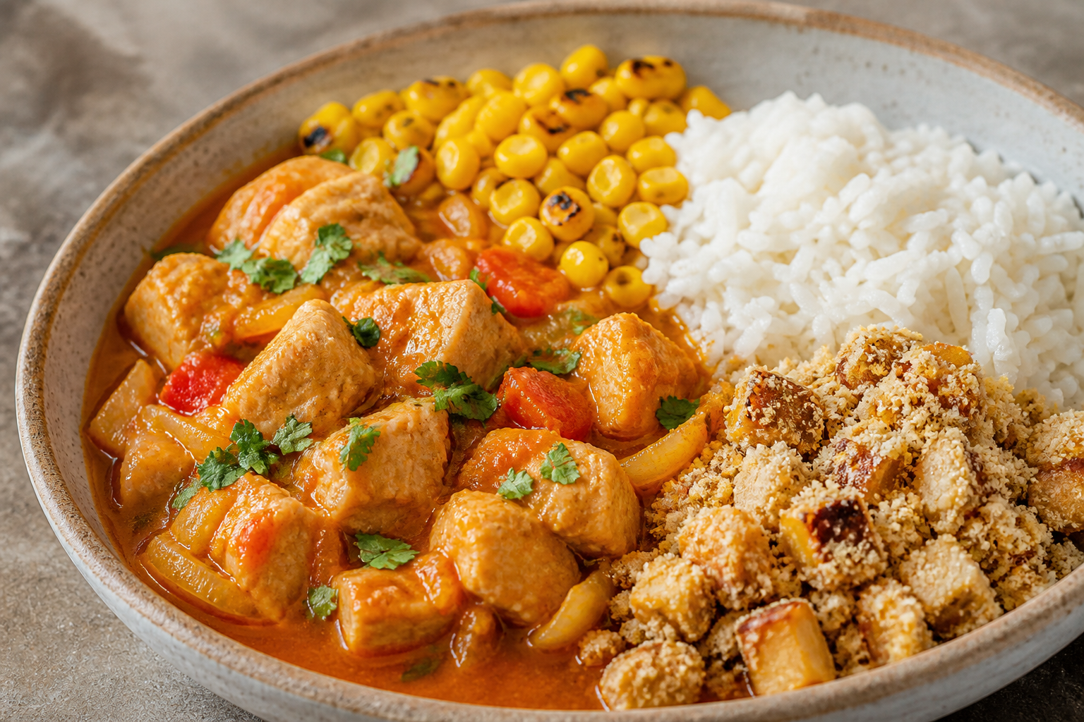Moqueca Suave de Pavo con Maíz Asado, Arroz de Coco y Farofa de Banana