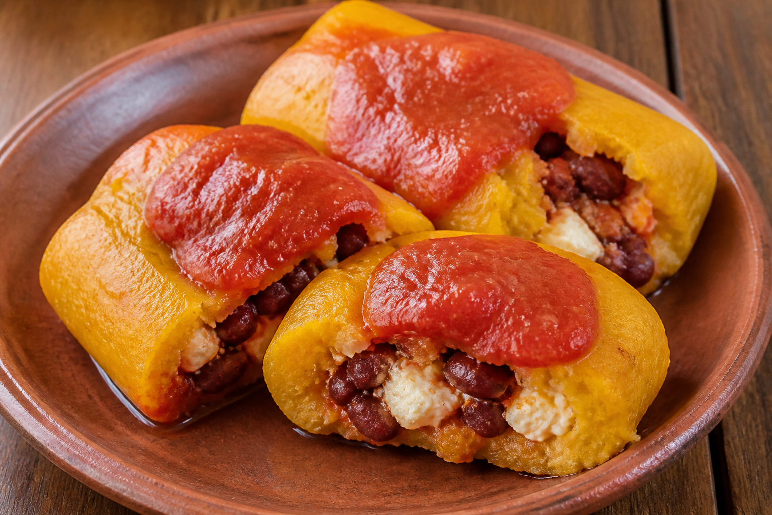 Bollitos salvadoreños de maíz y plátano maduro con relleno de frijol rojo, queso fresco y salsa de tomate al achiote
