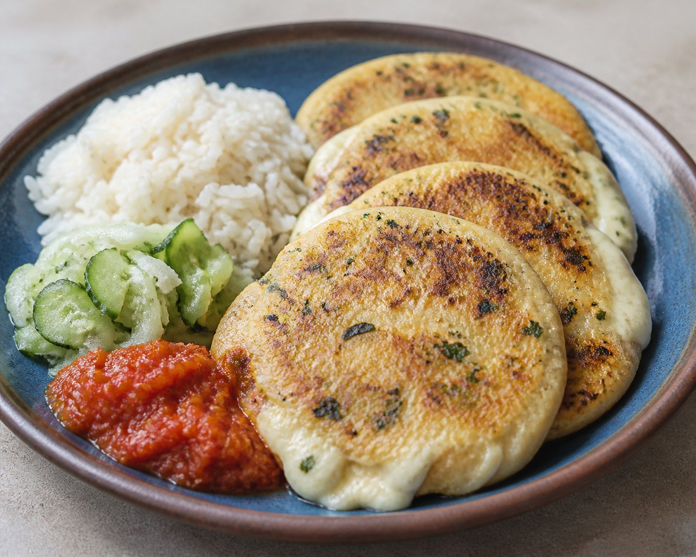 Pupusas salvadoreñas de arroz y chipilín con queso duro blando, chirmol de tomate asado y curtido de pepino