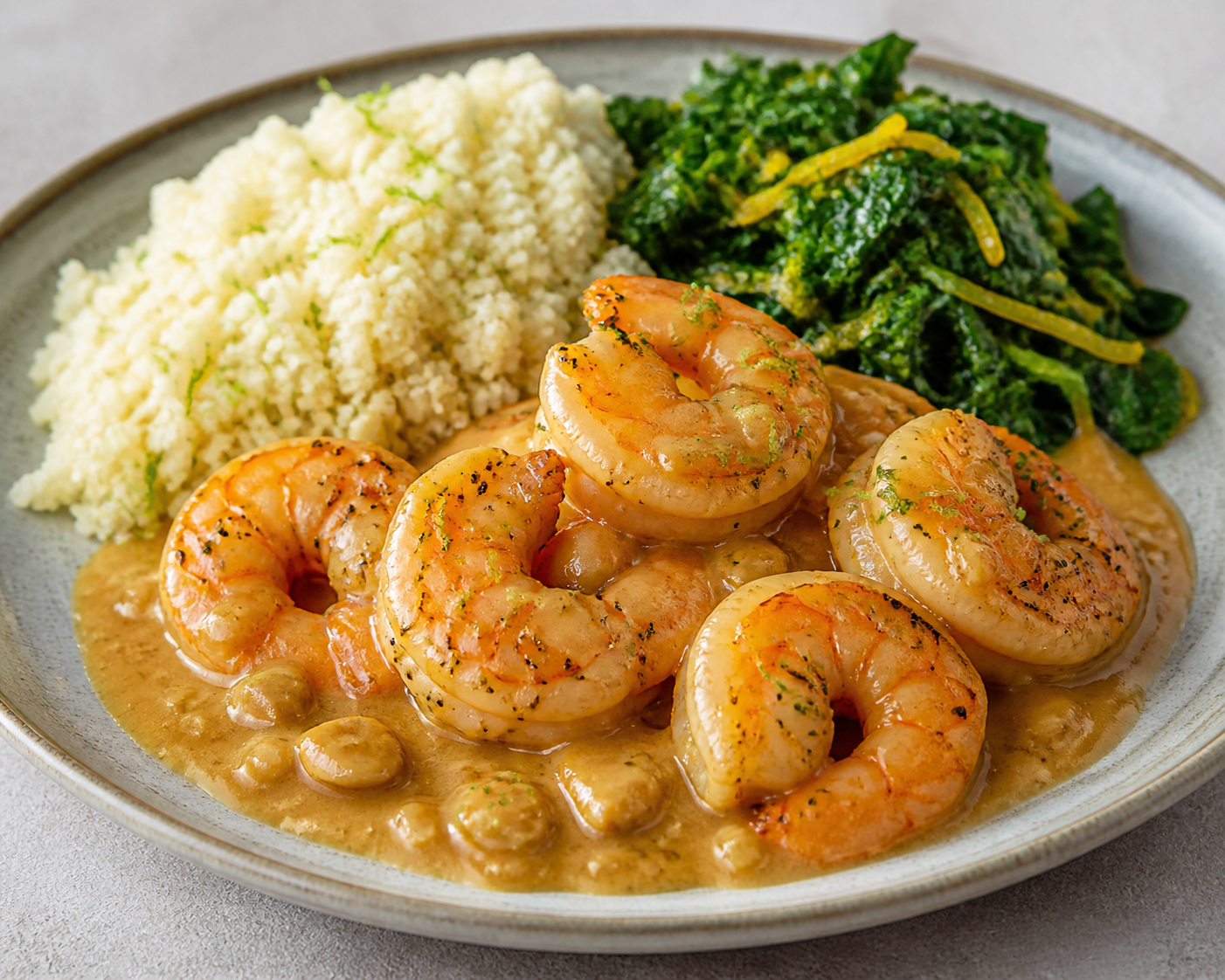 Brazilian Shrimp in Cashew-Ginger Sauce with Coconut Couscous and Citrusy Collard Greens