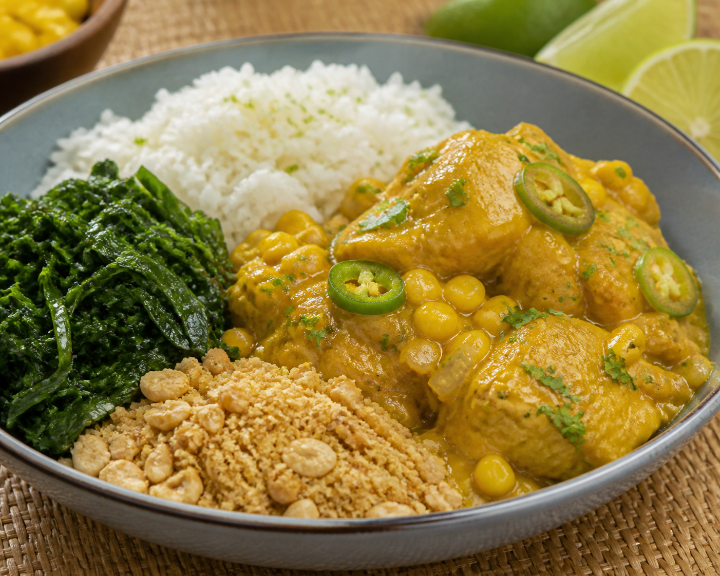 Golden Chicken and Corn Moqueca with Coconut-Lime Rice, Sautéed Collards and Cashew Farofa