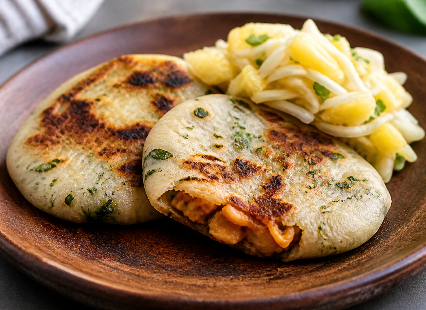 Salvadoran rice-and-cilantro pupusas with achiote fish filling and pineapple slaw