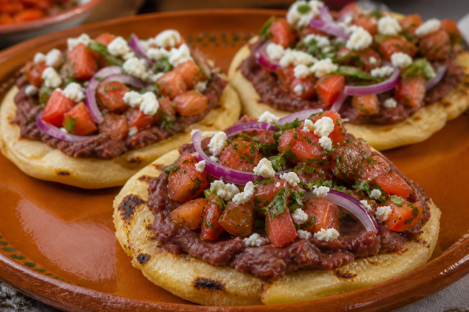 Pupusas abiertas salvadoreñas de frijol colado, cebolla morada asada y queso duro con chirmol de tomate y orégano