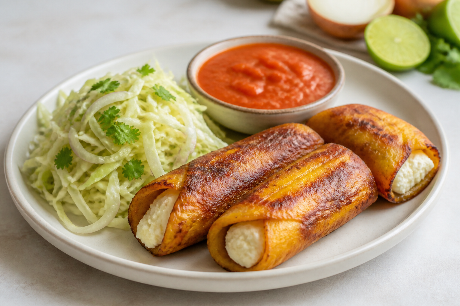 Rollojitas salvadoreñas de plátano maduro y queso con salsa de tomate asado y repollo al limón