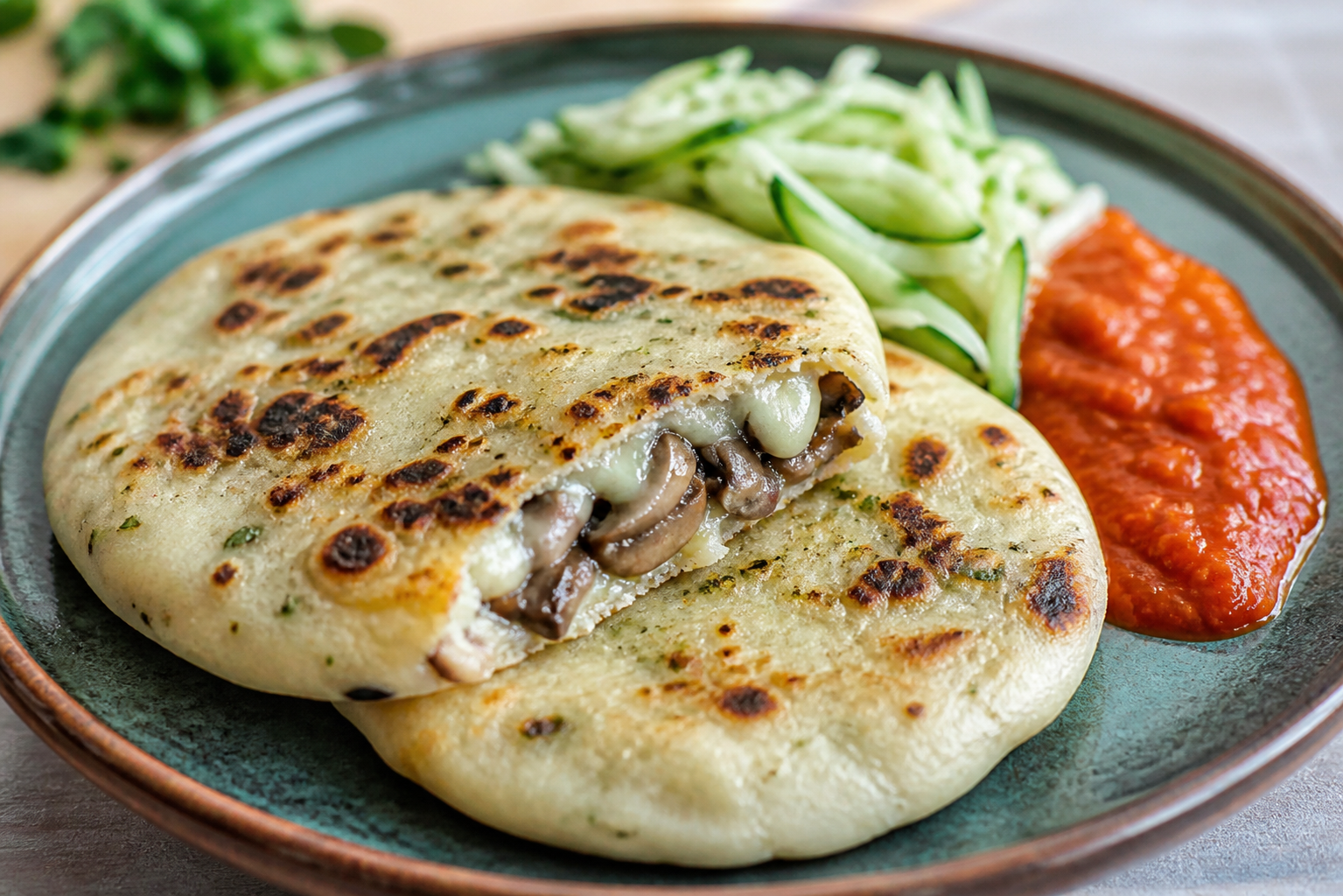 Pupusas salvadoreñas de arroz y cilantro con relleno de hongos al ajo y queso, acompañadas de curtido de pepino y salsa de tomate asado