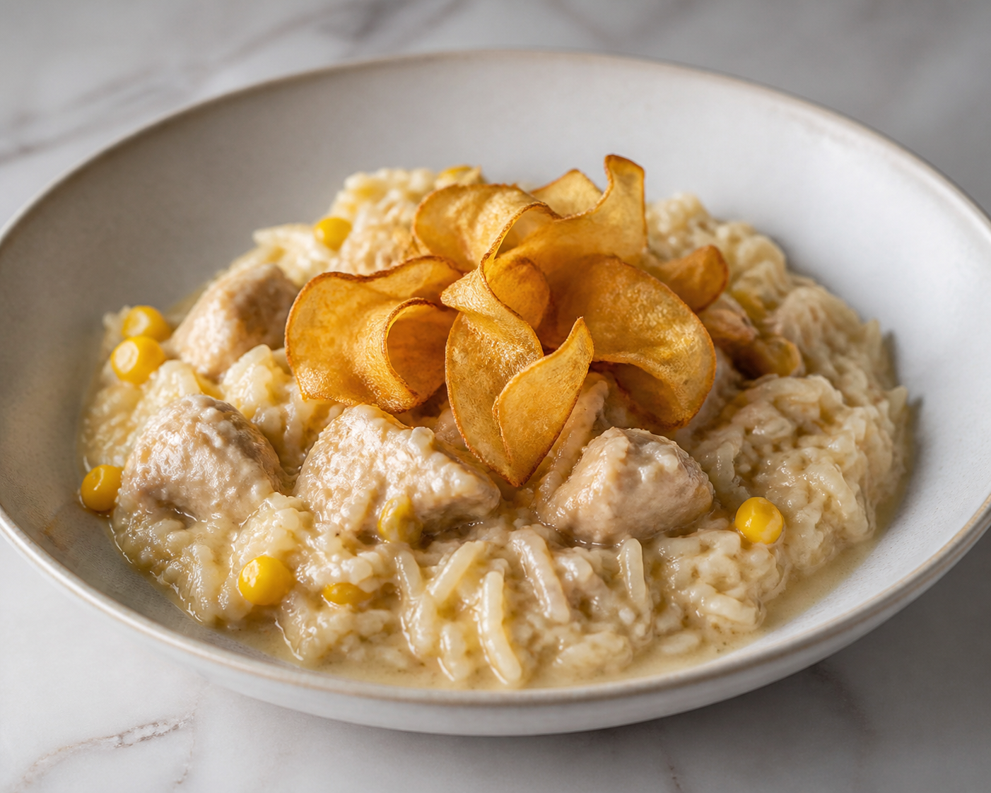 Arroz Caldoso Dominicano de Coco con Pollo, Maíz y Tostaditas de Casabe al Ajo