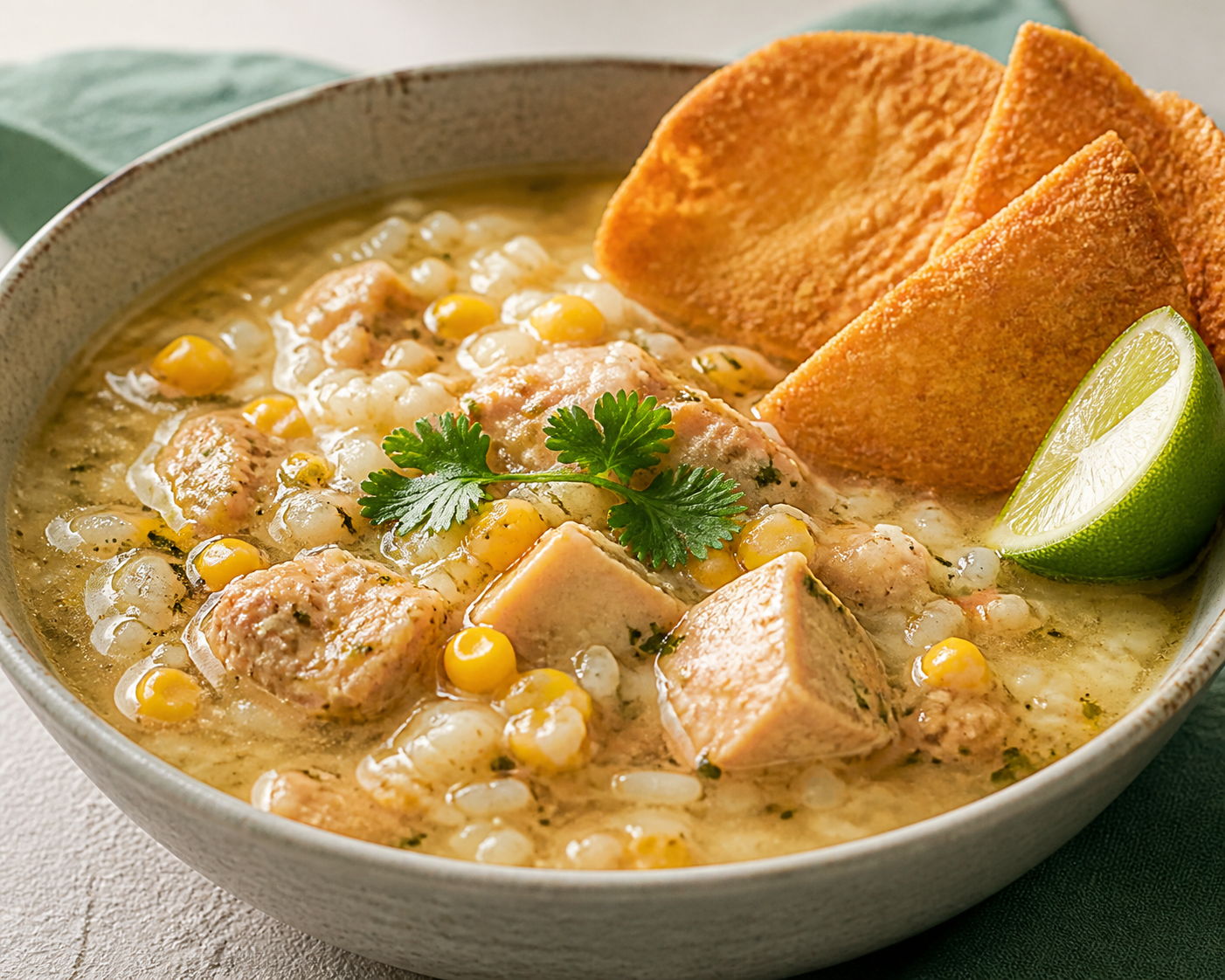 Arroz Caldoso Dominicano de Coco con Pollo, Maíz Tierno y Tostaditas de Casabe al Ajo