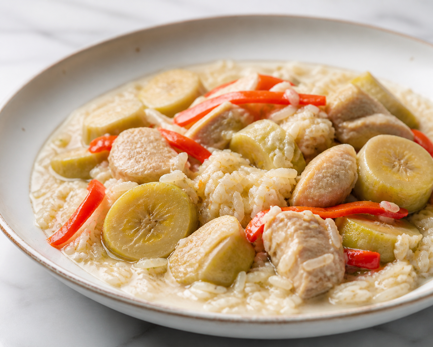 Arroz Caldoso Dominicano de Coco con Pollo, Guineíto y Ajíes Dulces