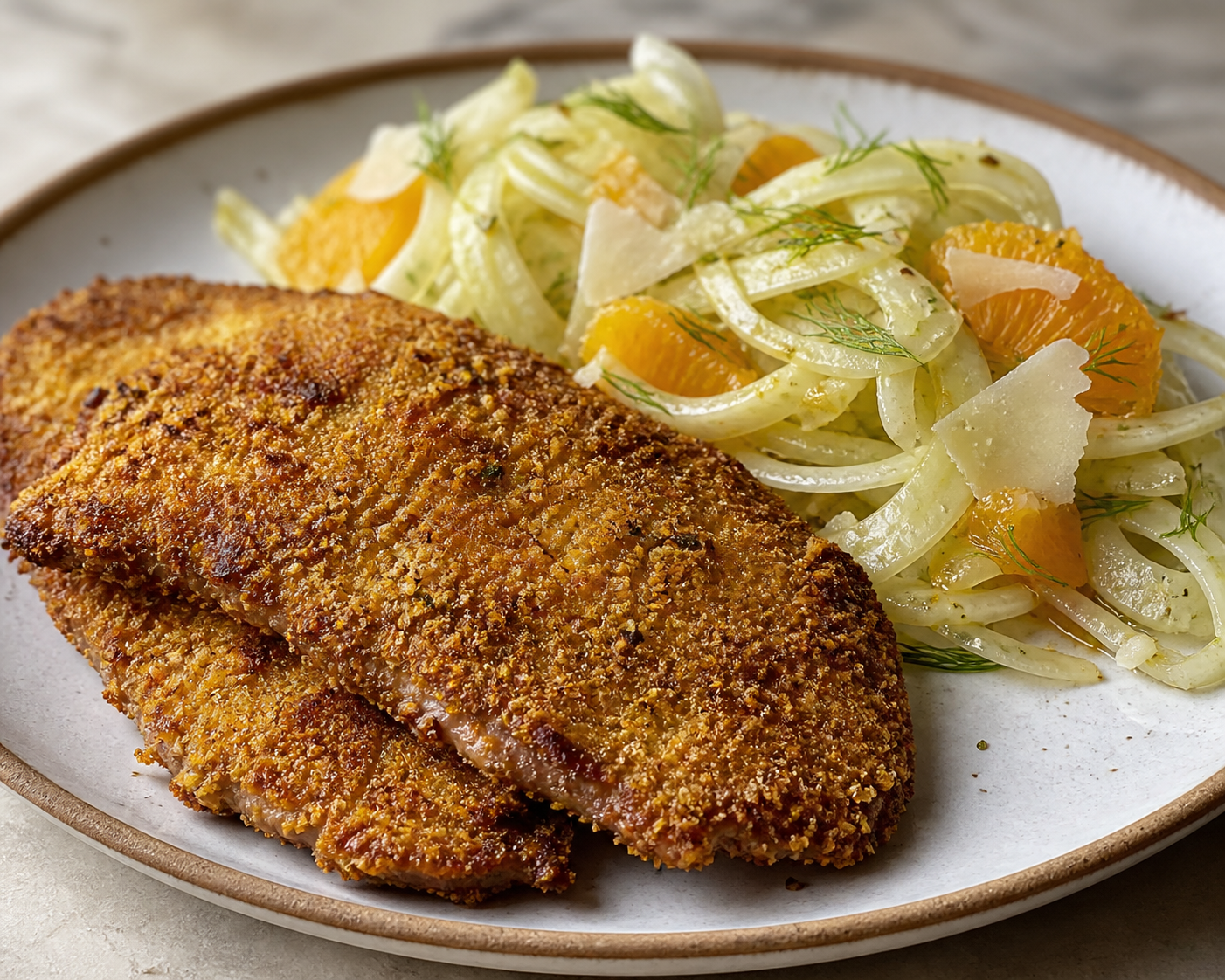 Pampas Pork Milanesa with Polenta Crust and Warm Fennel, Orange, and Sardo Cheese Salad