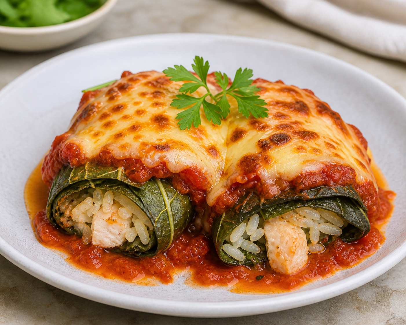 Criollo Swiss Chard Rolls with Paprika Chicken, Roasted Tomato Sauce, and Sardo Cheese Crust