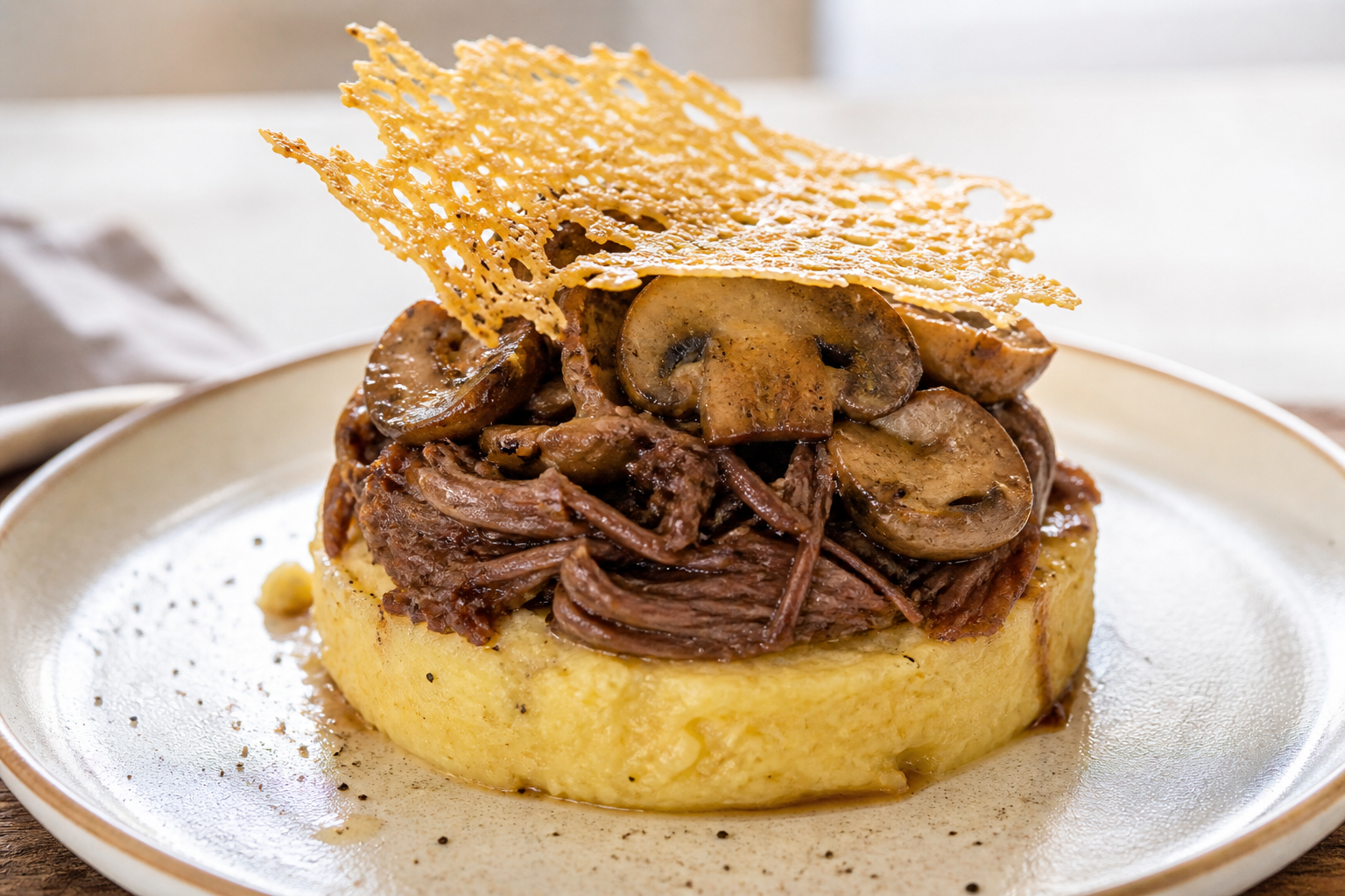 Creamy polenta tower with shredded osso buco, garlic mushrooms and provolone crisp