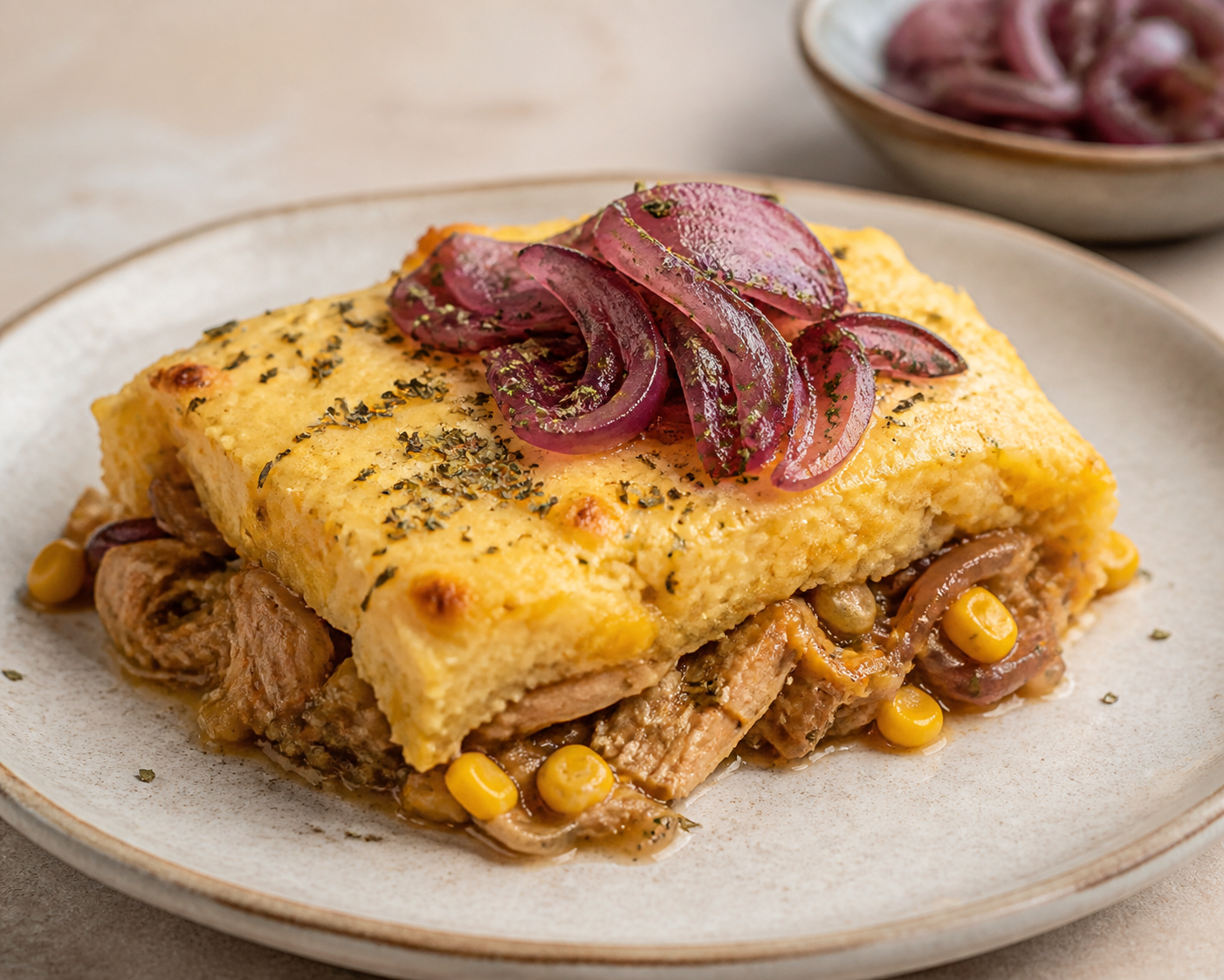 Creamy corn criollo pie with braised chicken and oregano red onions