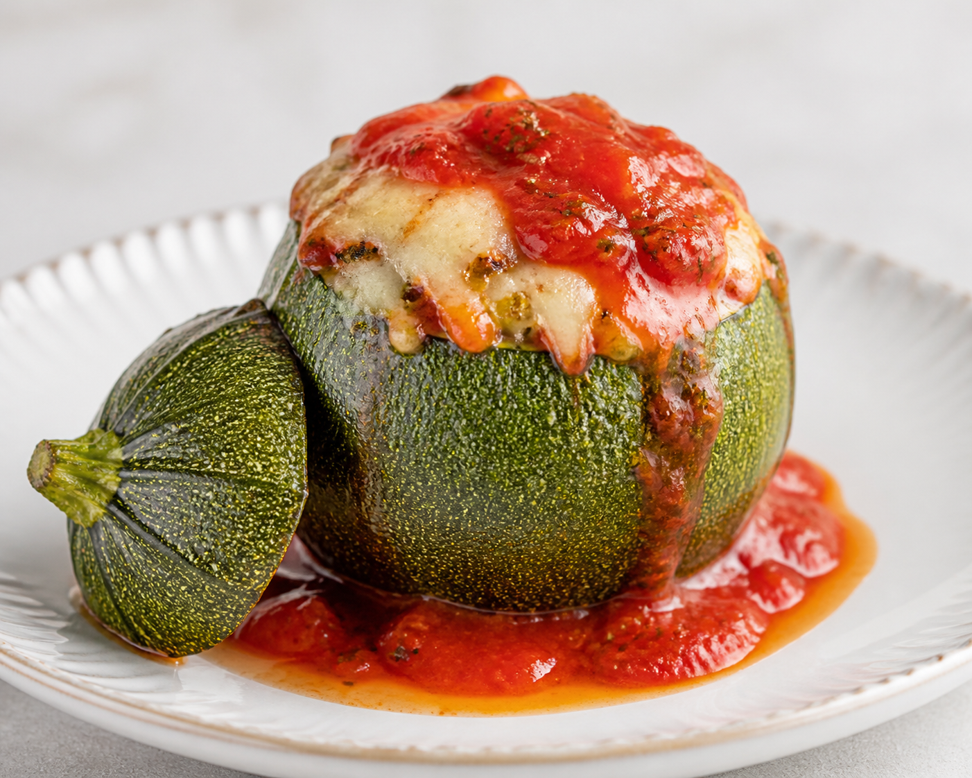 Round zucchini stuffed with knife-cut beef, rice and provolone with warm oregano tomato sauce