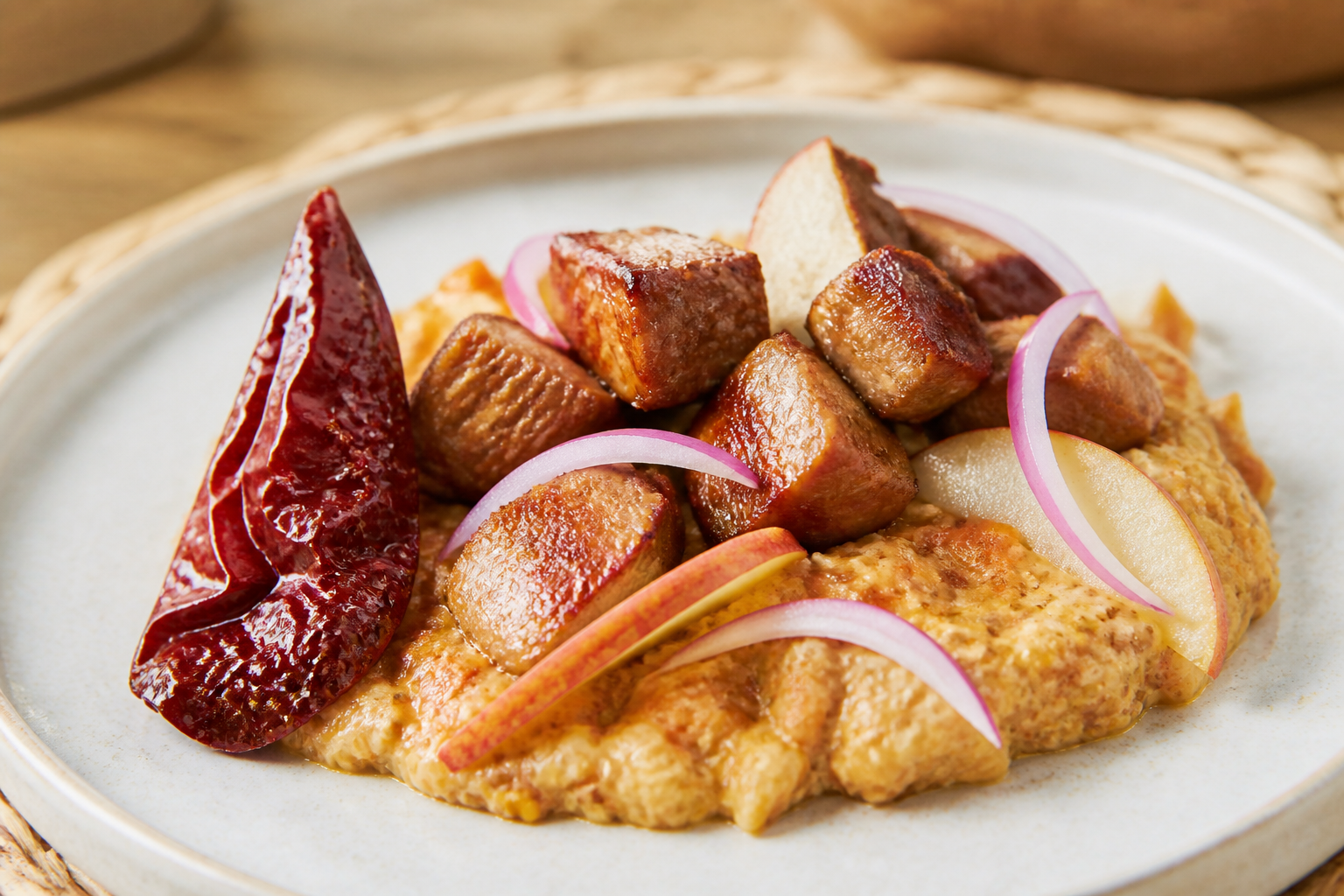 Creamy Quinoa Carapulcra with Seared Pork, Aji Panca and Andean Apple