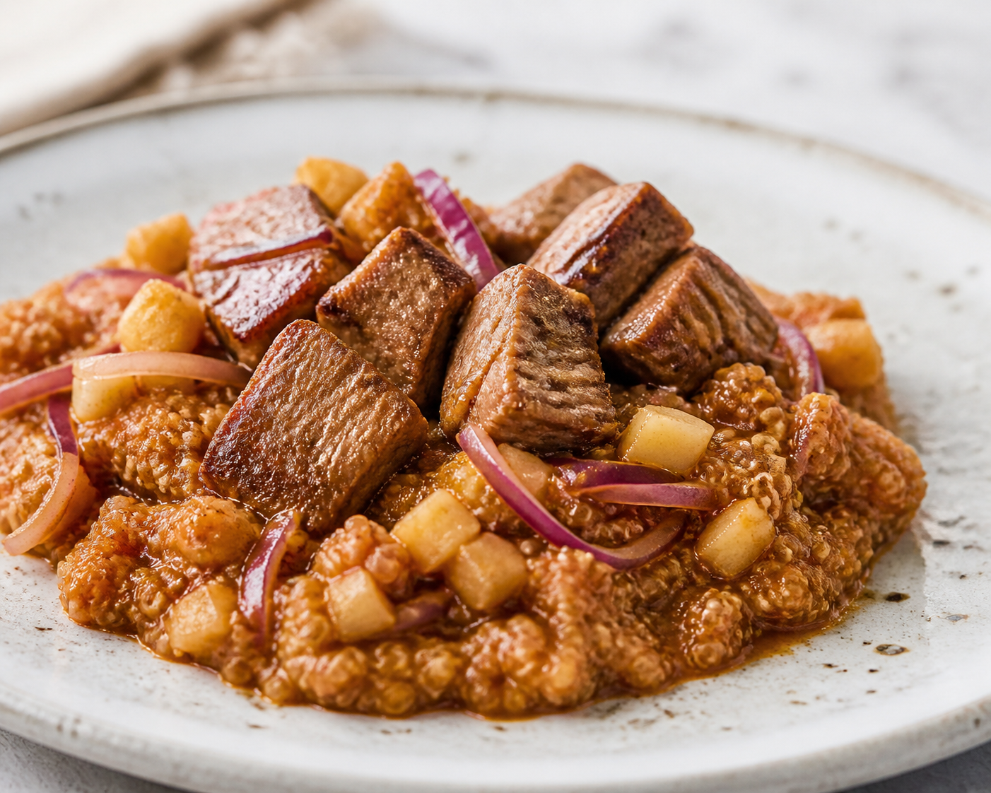 Creamy Quinoa Carapulcra with Seared Pork, Aji Panca and Apple