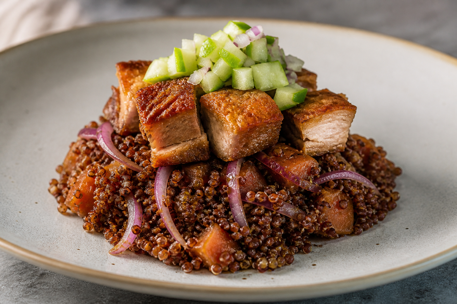 Red Quinoa Carapulcra with Crispy Pork and Green Apple Salsa