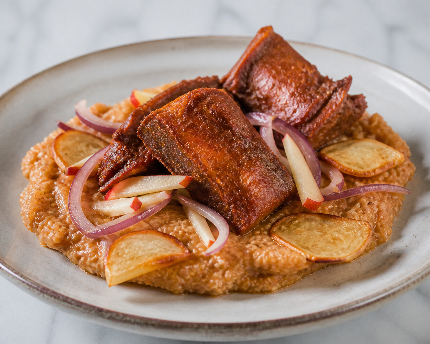 Creamy Quinoa Carapulcra with Aji Panca Pork Ribs and Apple