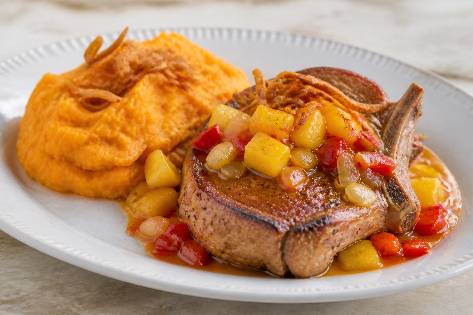 Chuletas de Cerdo en Escabeche Tibio de Piña y Ají Dulce con Majado de Ñame y Cebolla Crujiente