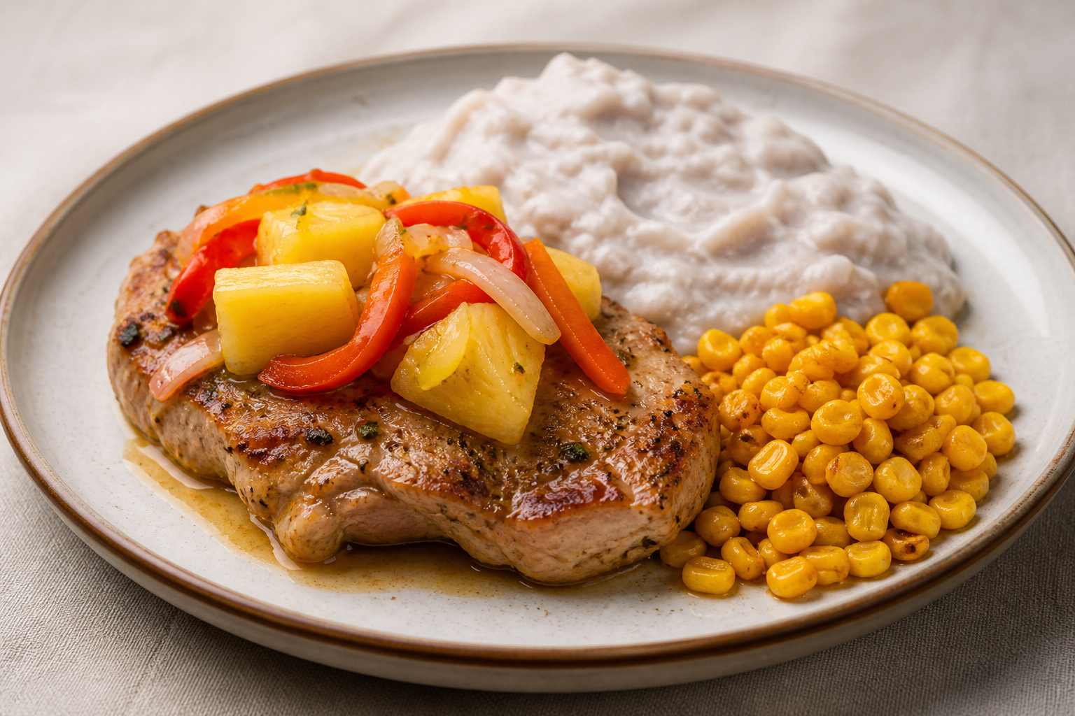 Chuletas de Cerdo en Escabeche Tibio de Piña y Ají Dulce con Majado de Yautía y Maíz Tostado