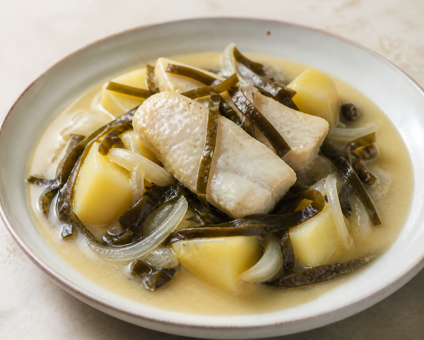 Creamy potato, hake and cochayuyo stew with white wine onions
