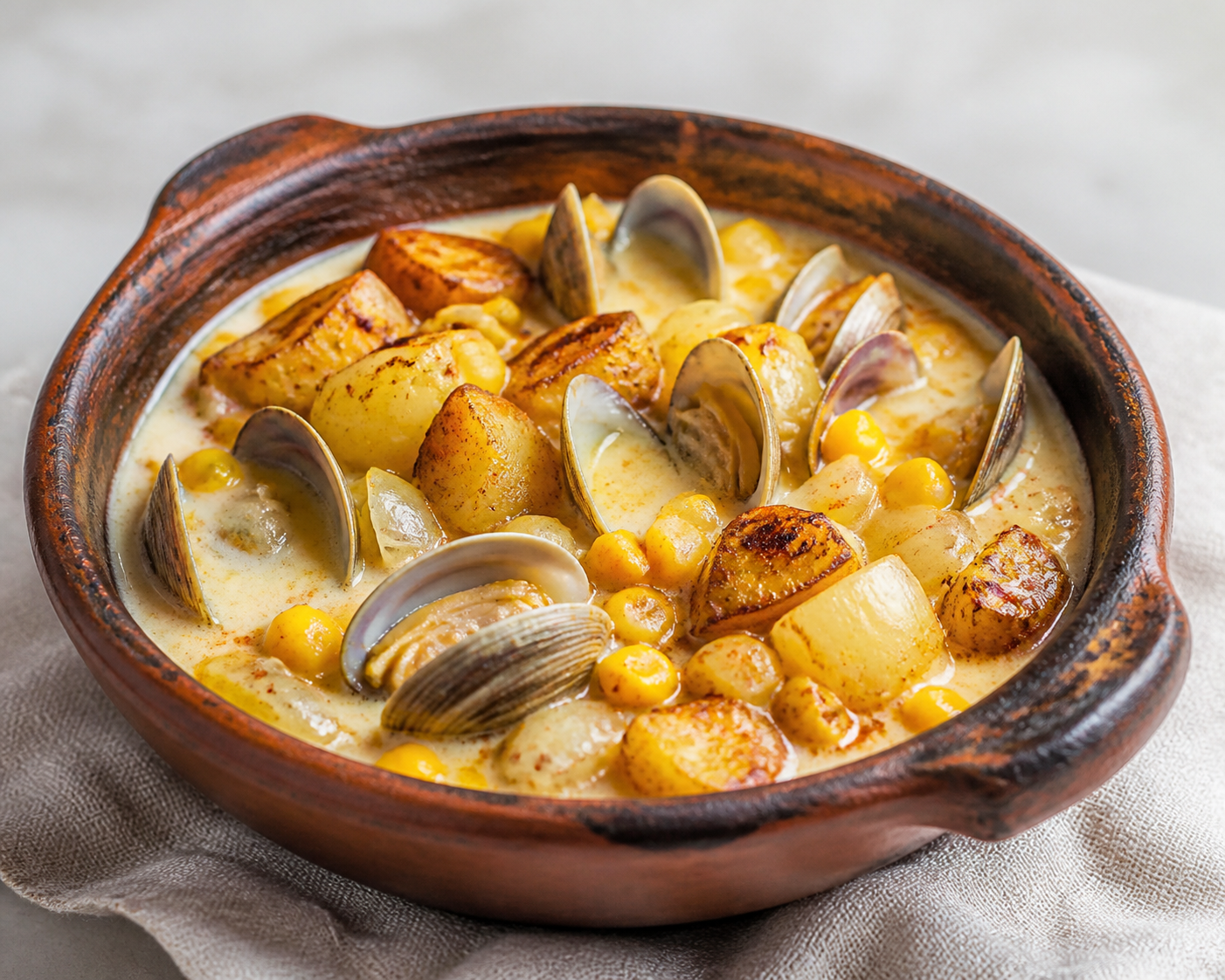 Cazuela cremosa de choclo y almejas con papas doradas al merkén