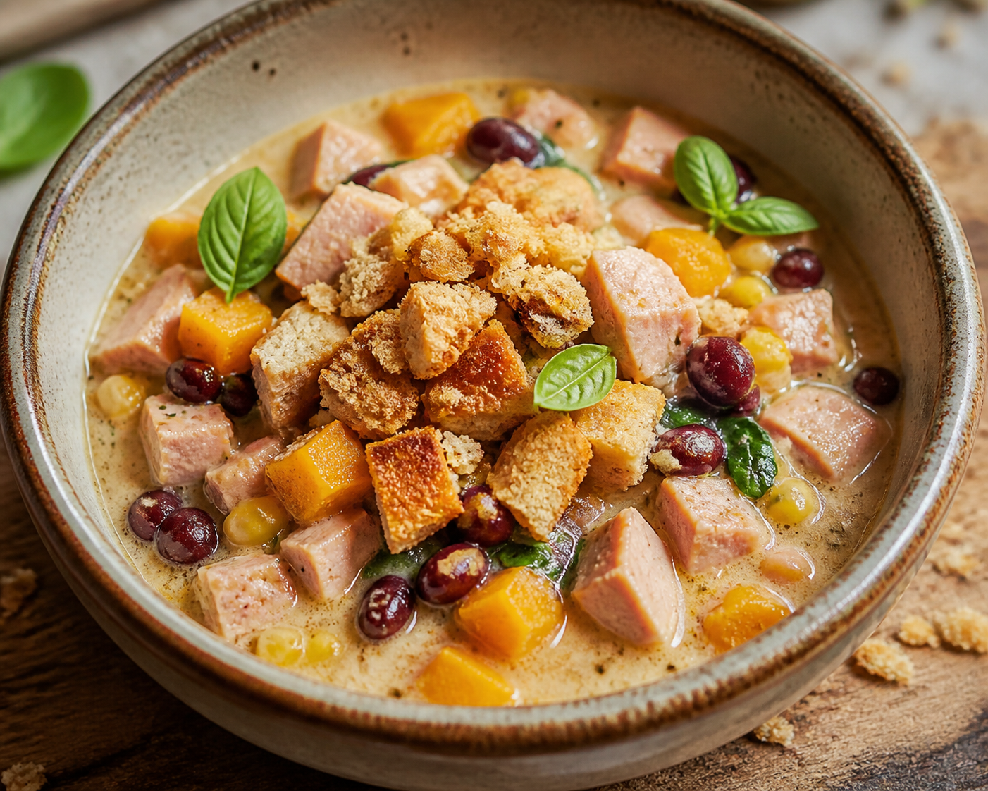 Creamy Chilean cranberry bean and smoked turkey stew with basil, squash, and crunchy marraqueta crumbs
