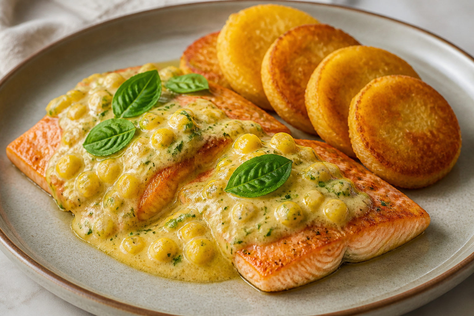 Trucha en Salsa Cremosa de Choclo y Albahaca con Tortitas de Yuca Dorada