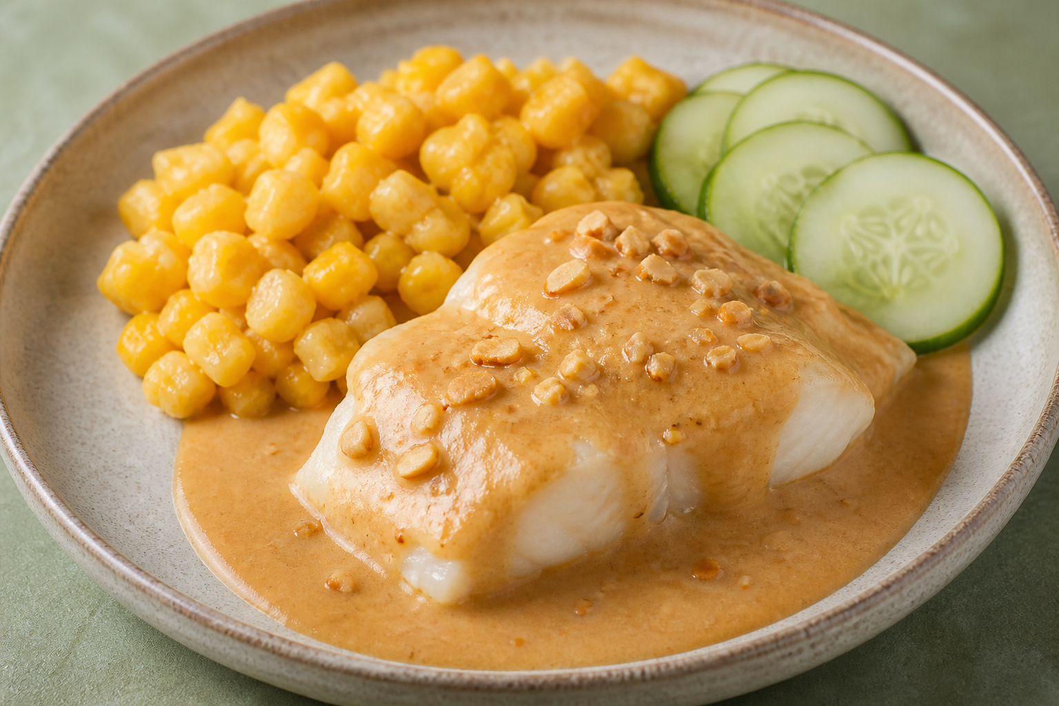 Bacalao Fresco en Salsa de Coco y Maní con Mote Dorado y Encurtido de Pepino