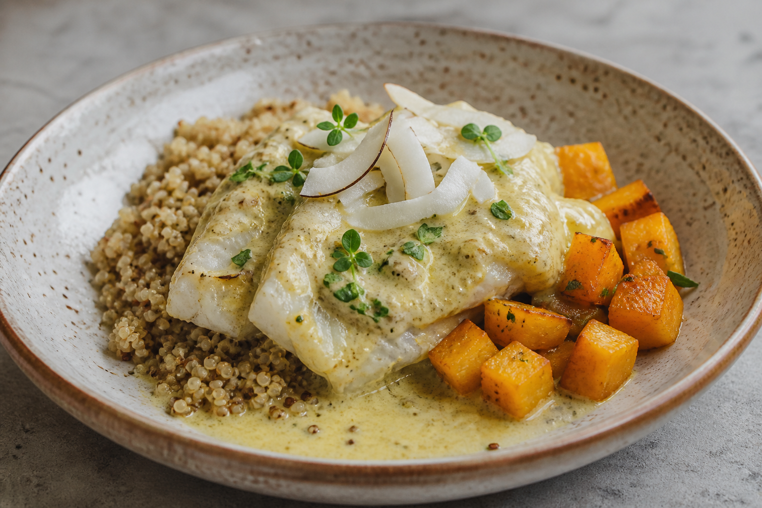 Quito-Style Fish Encocado with Toasted Quinoa and Roasted Sambo Squash