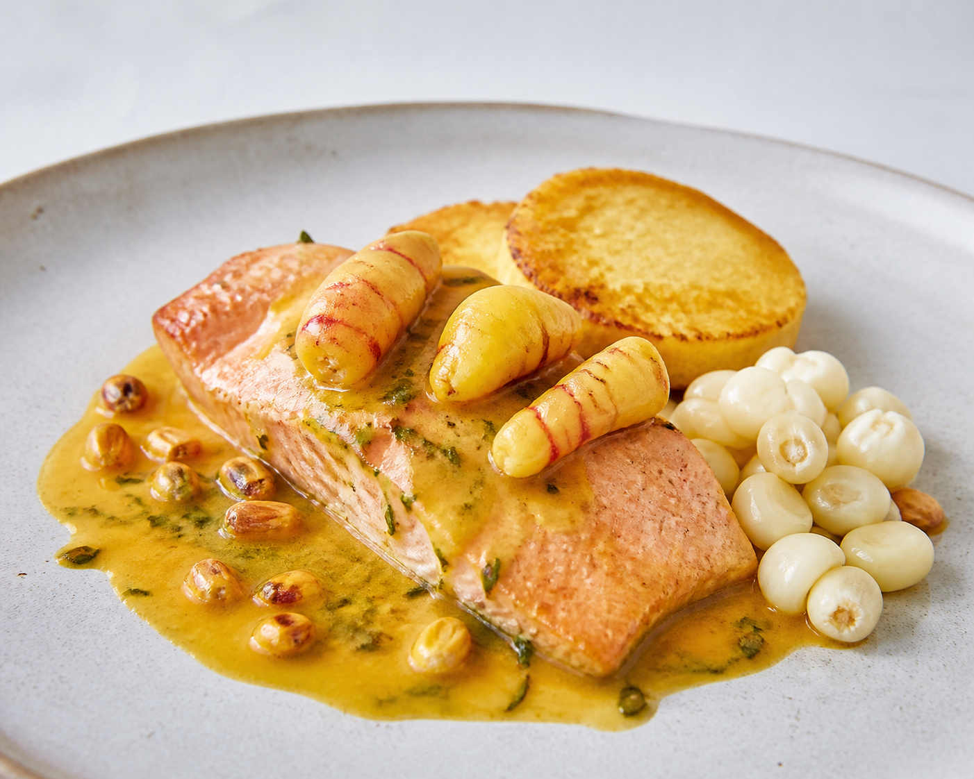 Trout in Oca Herb Sauce with Hominy and Corn Cakes