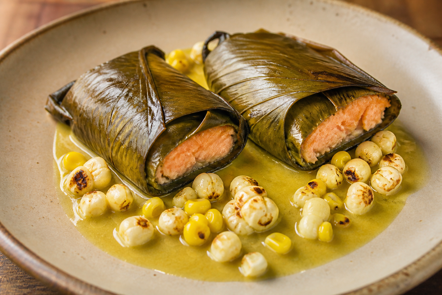 Trucha Encamisada en Hoja de Achira con Salsa de Choclo y Lima, acompañada de Mote Dorado
