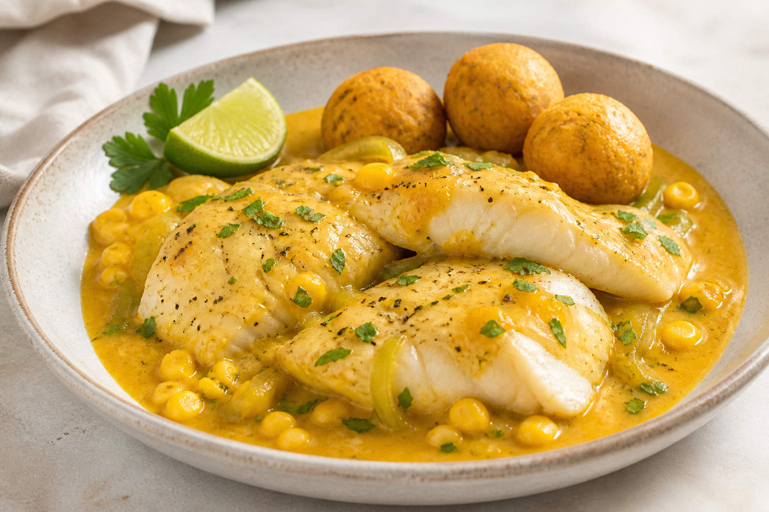 Sudado de Corvina con Coco, Choclo Tierno y Bolitas de Verde al Limón