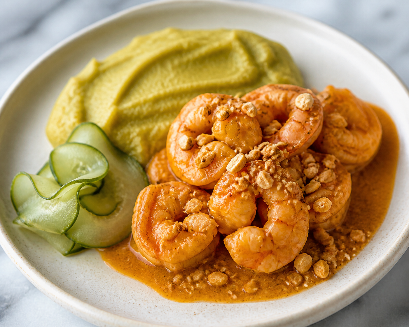 Encocado Manaba de Camarón con Puré Ahumado de Verde y Encurtido de Pepino