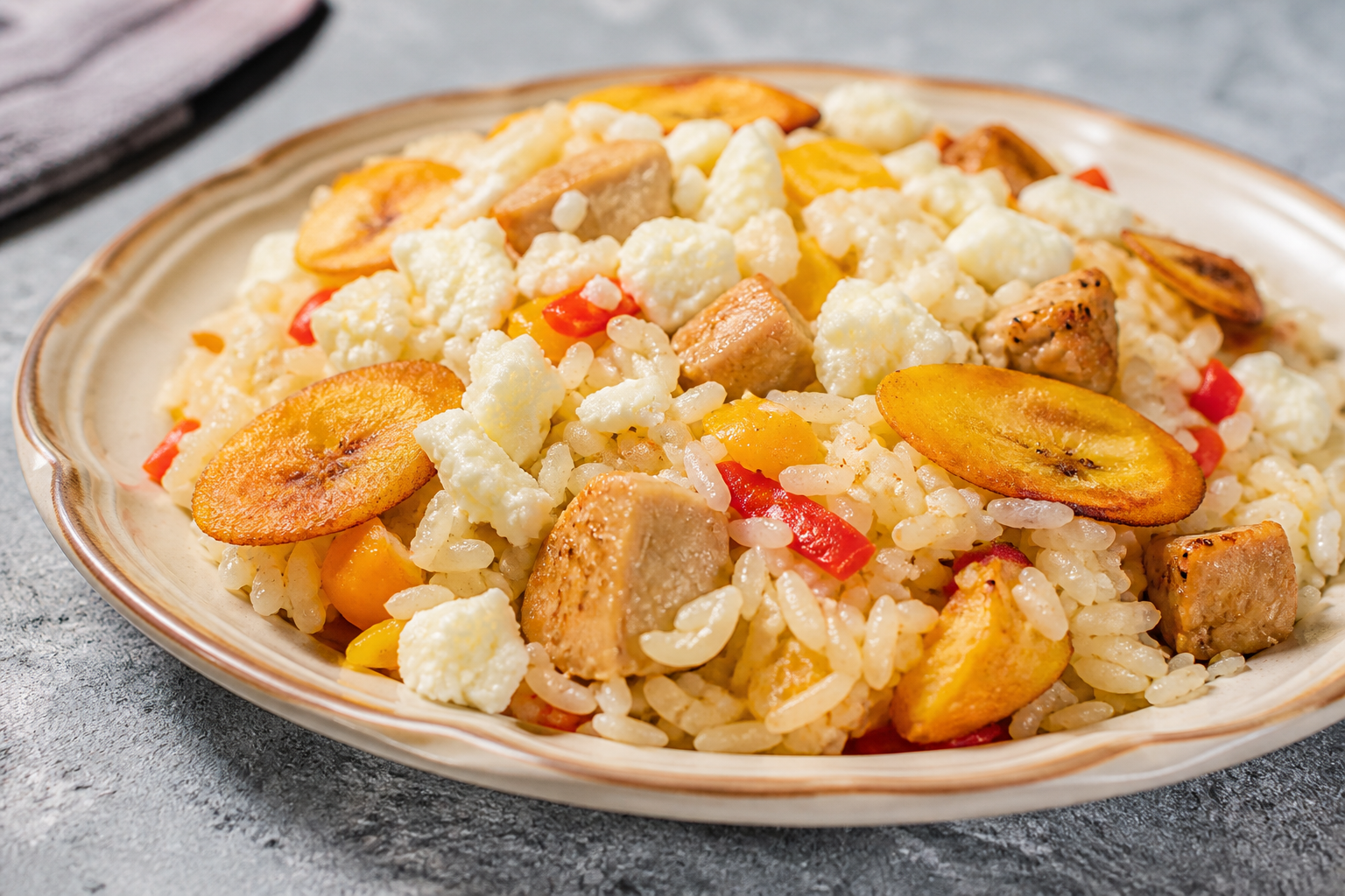 Creamy coconut rice with sweet pepper chicken, golden topochos and Llanero cheese