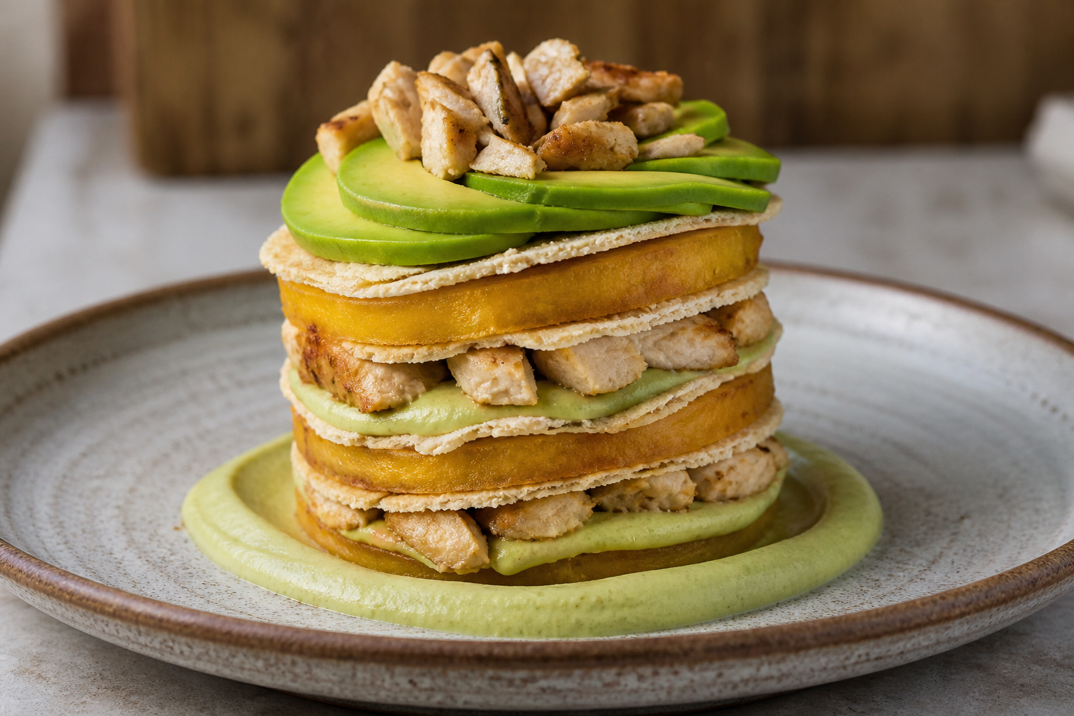 Creole Sweet Potato and Casabe Millefeuille with Smoked Brown Sugar Chicken and Avocado Cream
