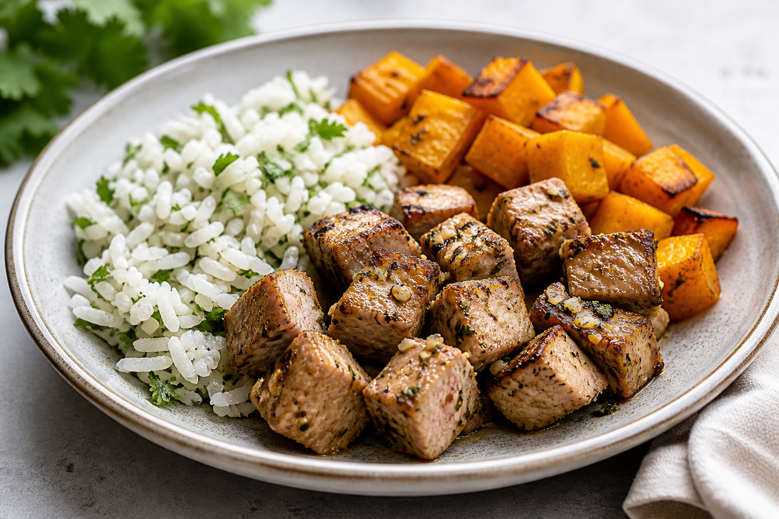 Cuban Citrus-Garlic Pork with Cilantro Rice and Roasted Squash