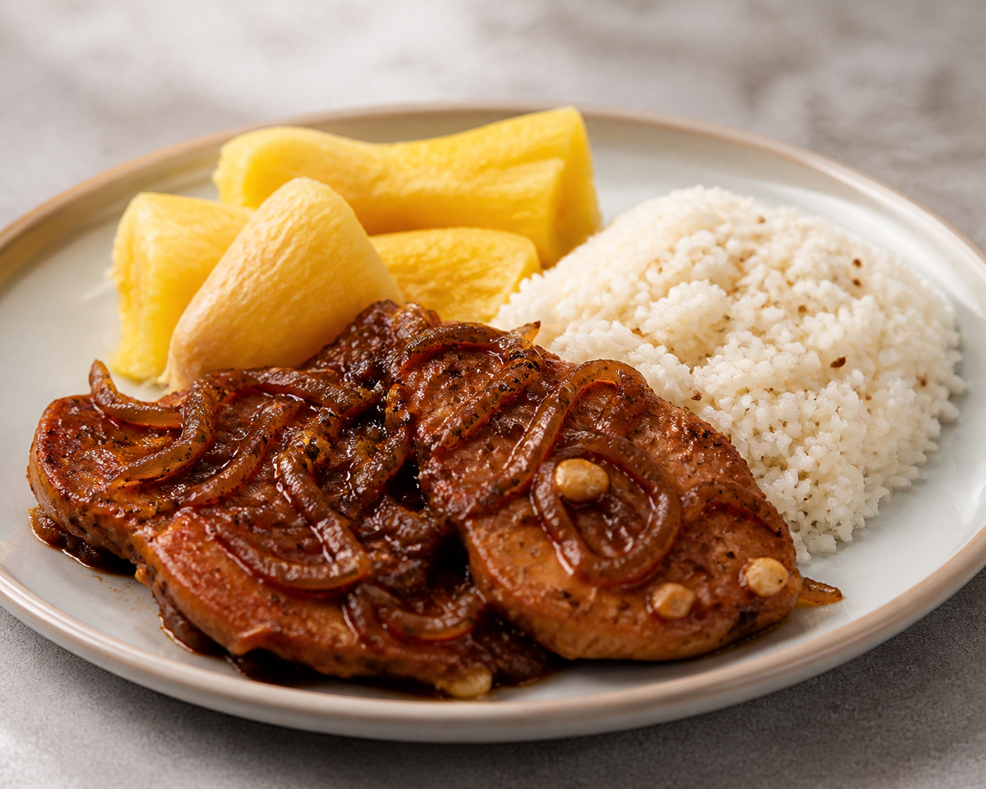 Cuban Pork Chops in Tamarind Onion Sauce with Cumin White Rice and Golden Yuca