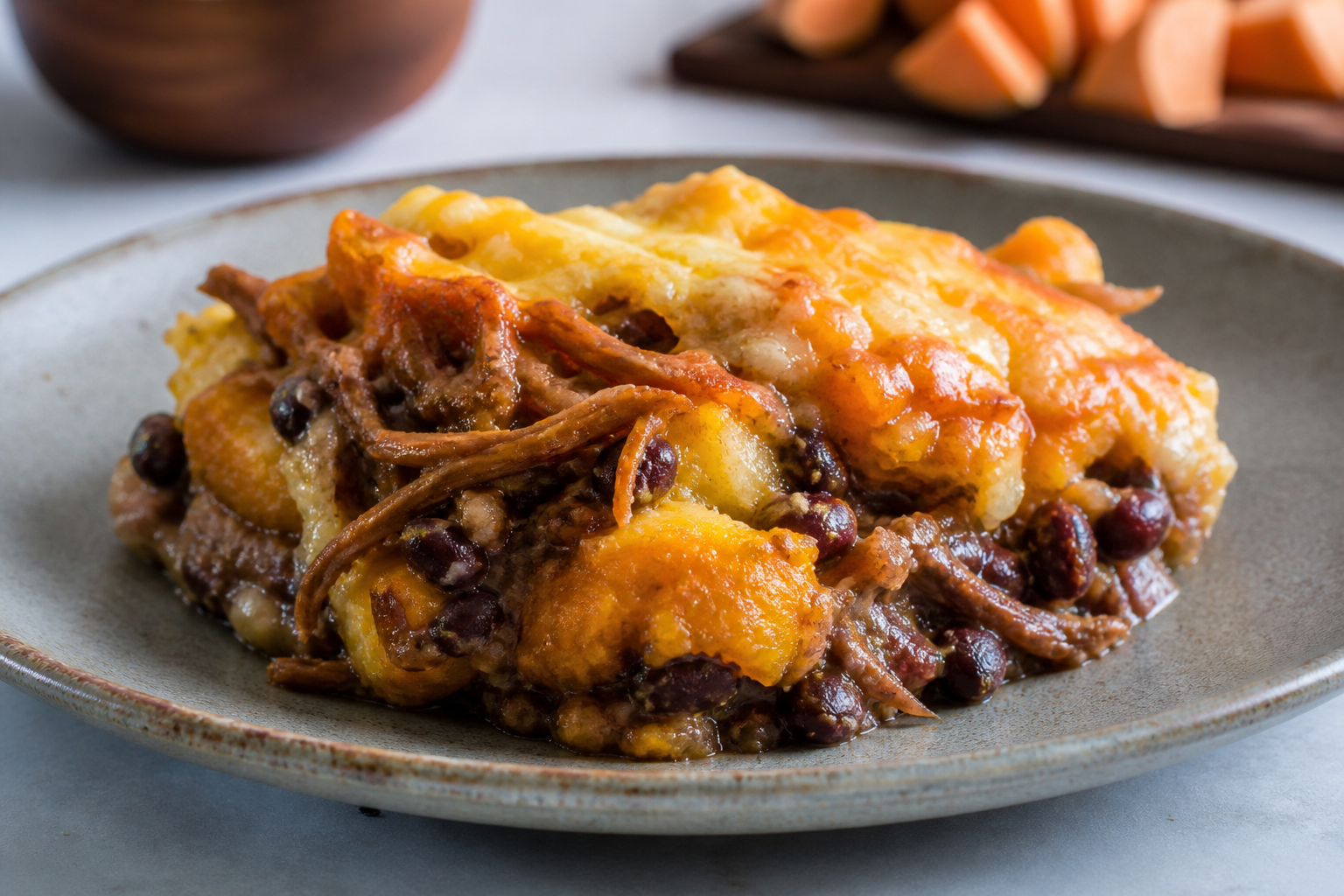 Corn and Sweet Potato Dumpling Casserole with Papelón Shredded Beef, Creamy Black Beans and Melted Cheese