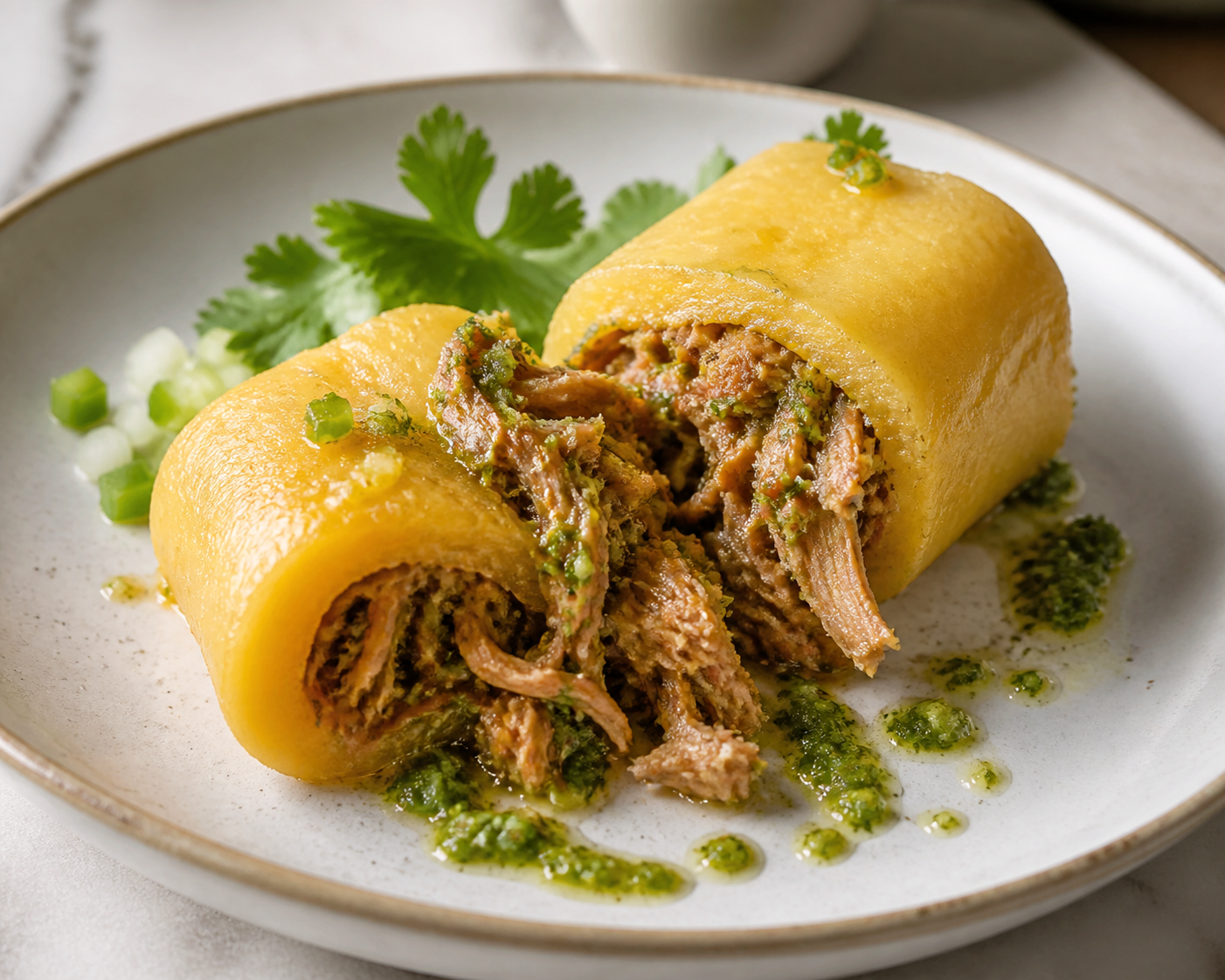 Rollo de Yuca Cubano Relleno de Ropa de Cerdo y Mojo de Cilantro