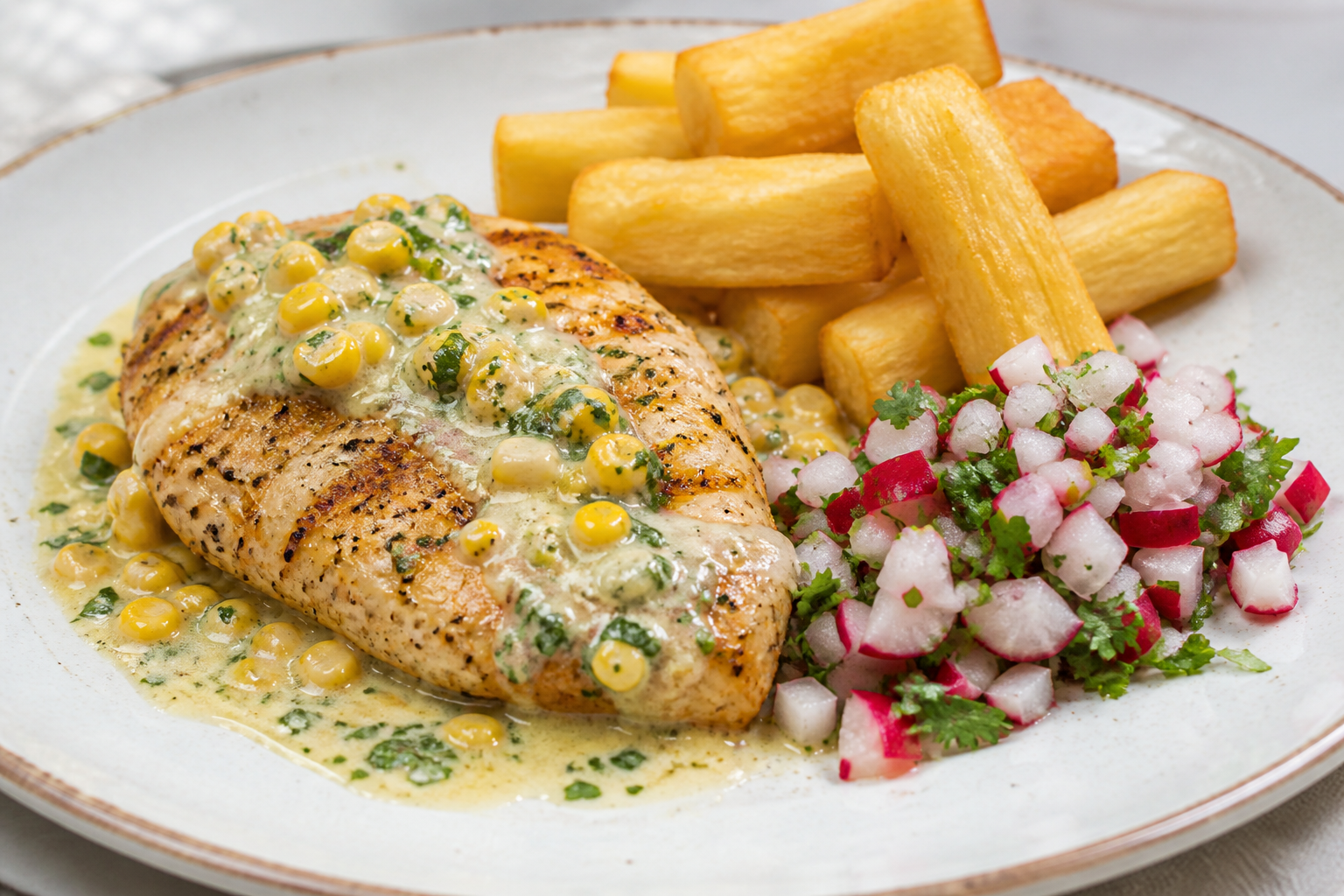 Honduran Chicken in Sweet Corn, Cilantro and Lime Sauce with Golden Yuca and Radish Chimol