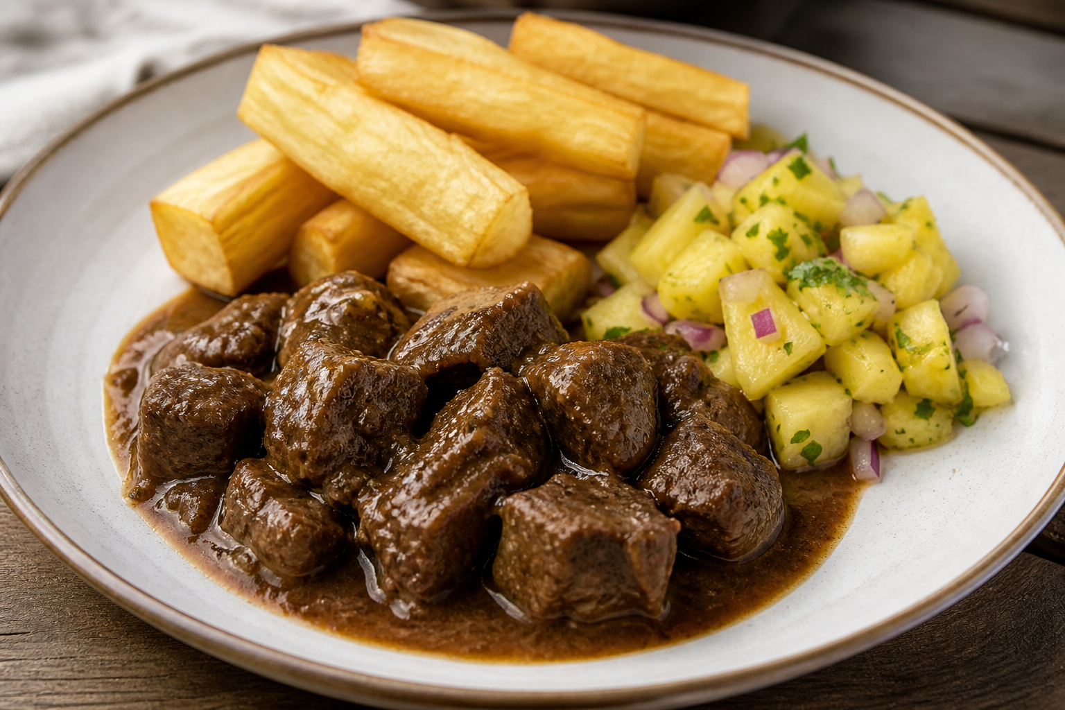 Carne de Res Catracha en Salsa de Café y Panela con Yuca Crujiente y Chimol de Piña
