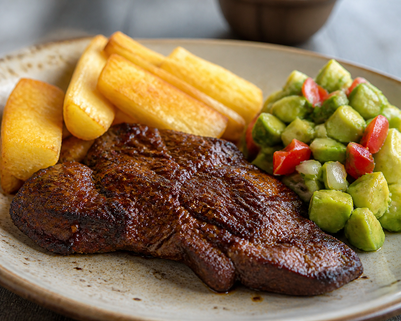 Res hondureña en adobo de café y achiote con yuca dorada y chimol de aguacate