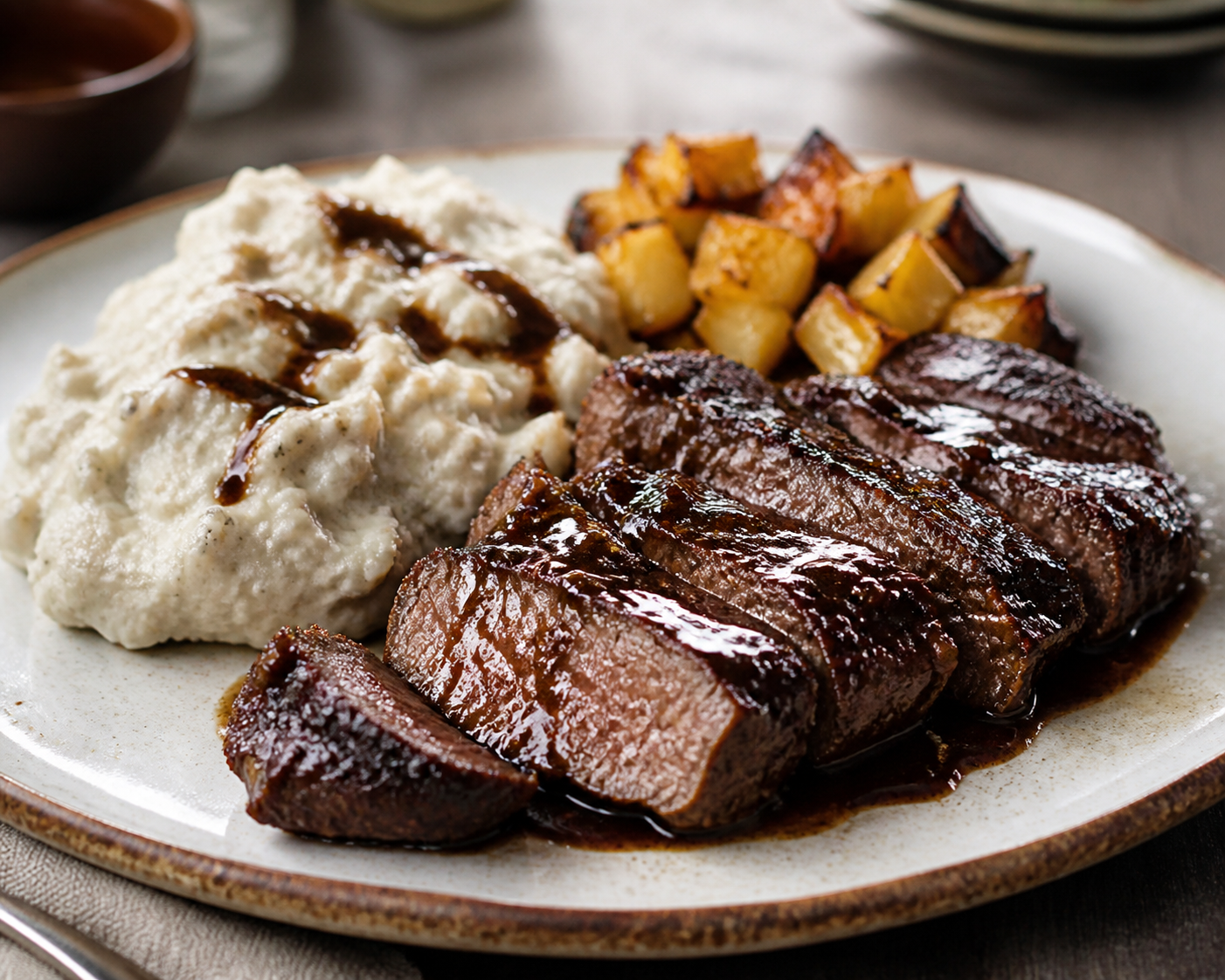 Honduran Beef in Coffee-Panela Adobo with Rustic Malanga Mash and Roasted Pineapple Chimol