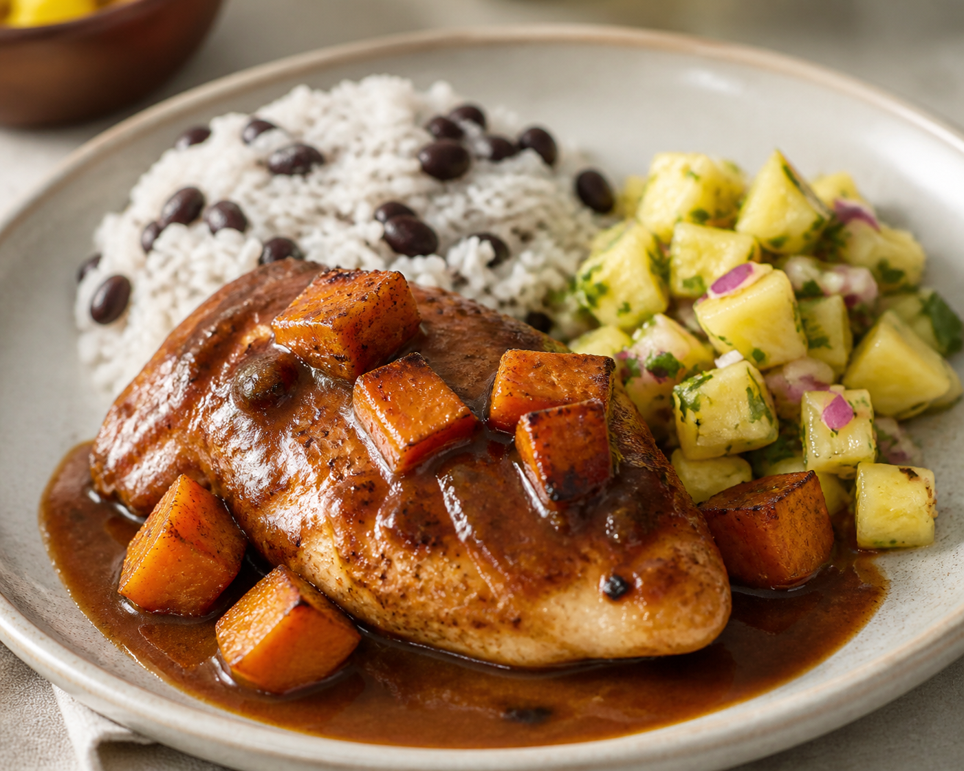 Honduran Chicken Breast in Smoky Sweet Potato and Coffee Sauce with Black Bean Rice and Pineapple Chimol