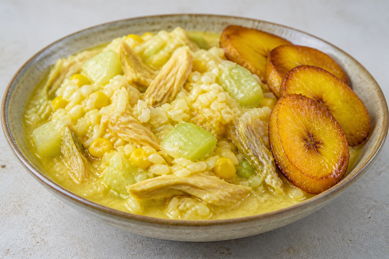 Arroz atollado colombiano de gallina, cidra y maíz tierno con crocante de plátano