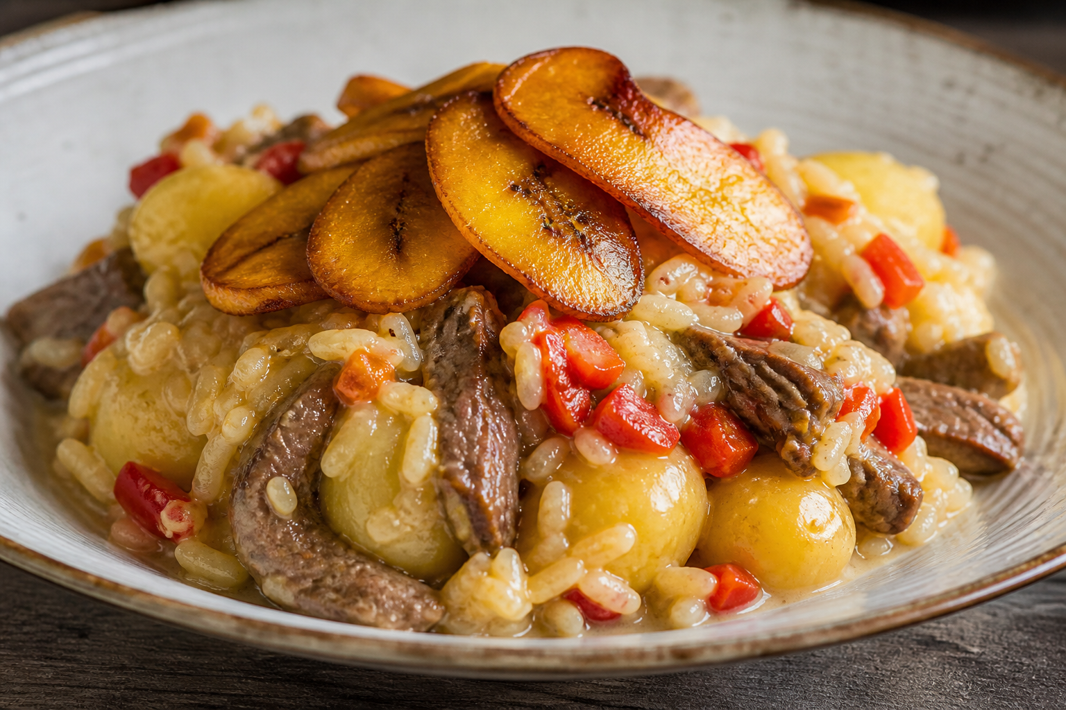 Arroz atollado colombiano de res, papa criolla y ají dulce con crocante de plátano