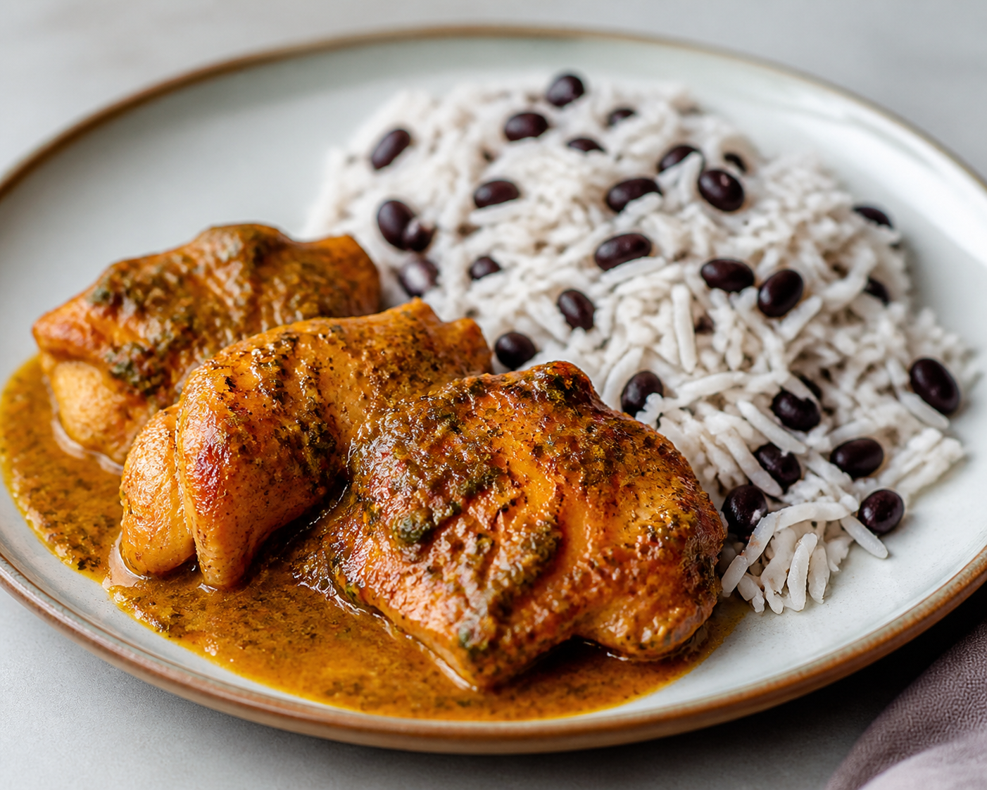 Honduran Chicken in Green Mango, Annatto and Mint Sauce with Black Bean Rice