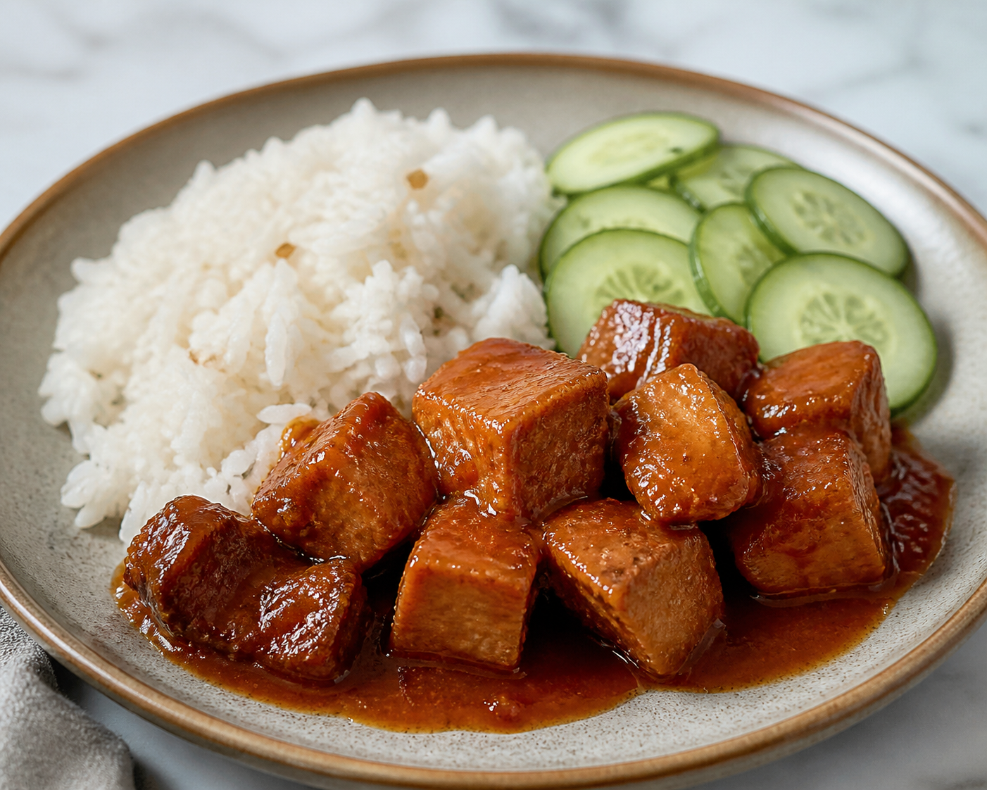 Colombian Pork Shoulder in Tamarillo-Panela Sauce with Light Coconut Rice and Pickled Cucumber